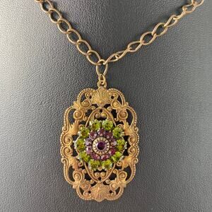 VTG Liz Palacios Victorian Pendant Necklace Green Floral Swarovski Crystals NWT
